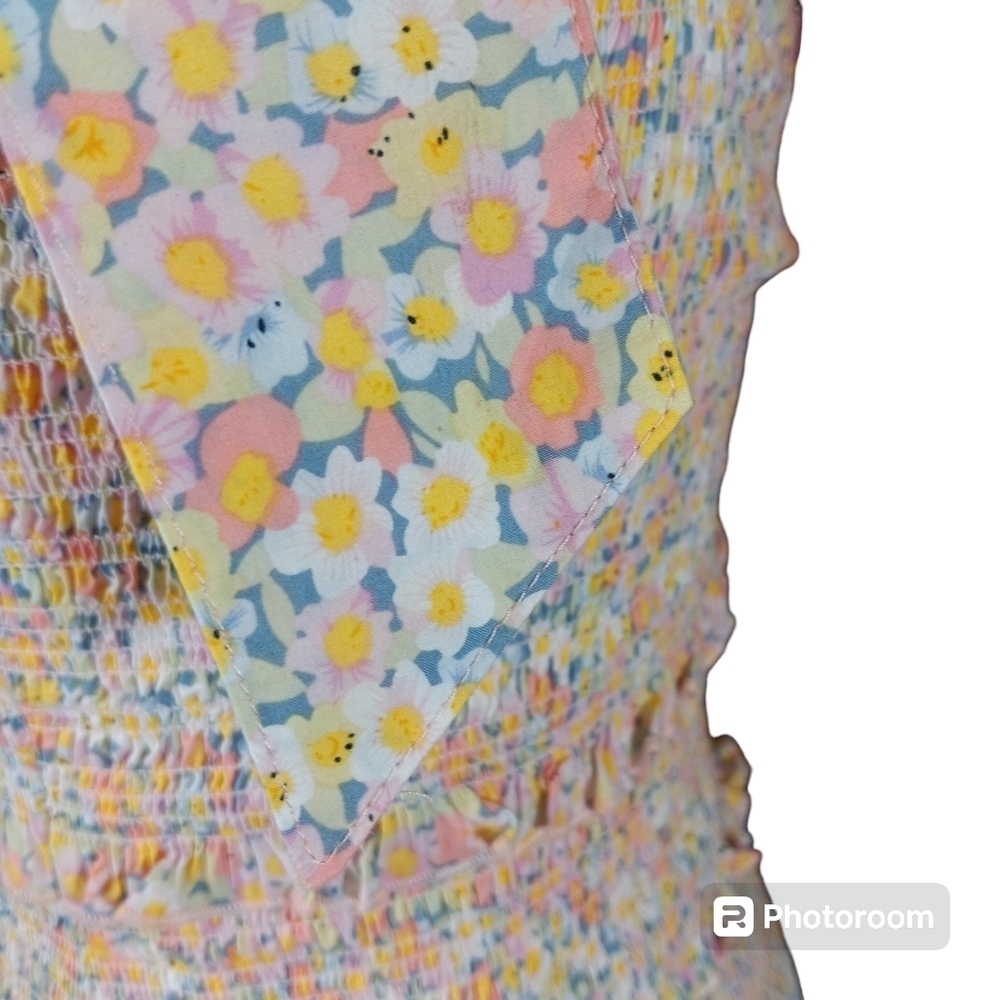 Mable Yellow Green Smocked Floral Tie Strap Mini Dress Size S NWOT - Picture 5 of 10